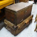 3 various Vintage leather-bound trunks and suitcases