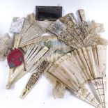A group of 19th century bone brise fan parts, a pair of mother-of-pearl lozenge design panels etc