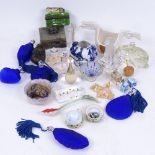 Various collectables, including Christian Dior perfume, blue glass shell scent bottles, green