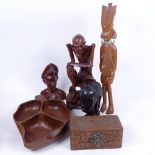 Carved Ethic figures, tallest 35cm, a dish and a carved wood box