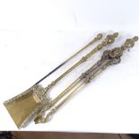 Embossed brass fire shovel and matching tongs, length 73cm, and a brass-handled poker