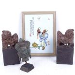 An Oriental porcelain plaque, a Tibetan verdigris Archaic style head, and a pair of resin temple