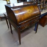 A reproduction mahogany roll-top writing desk, with sliding shelf, 2 frieze drawers, and square