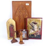 Carved oak panel, height 49cm, icons, a cross, and a carved wood figure of Saint Francis