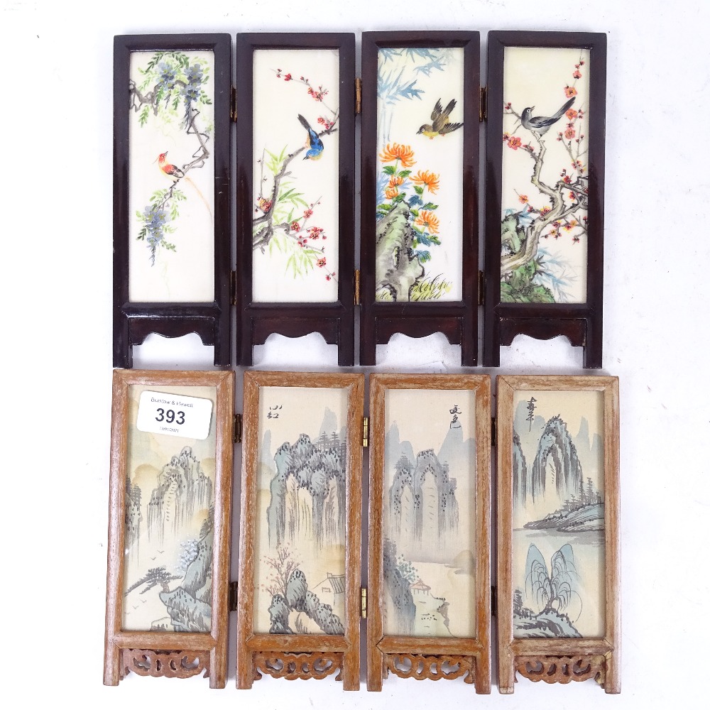 2 similar 3-fold double-sided painted Oriental screens, with landscapes and bird decoration,