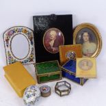 Various miniature portrait prints, micro-mosaic frame, ivorine box etc (boxful)