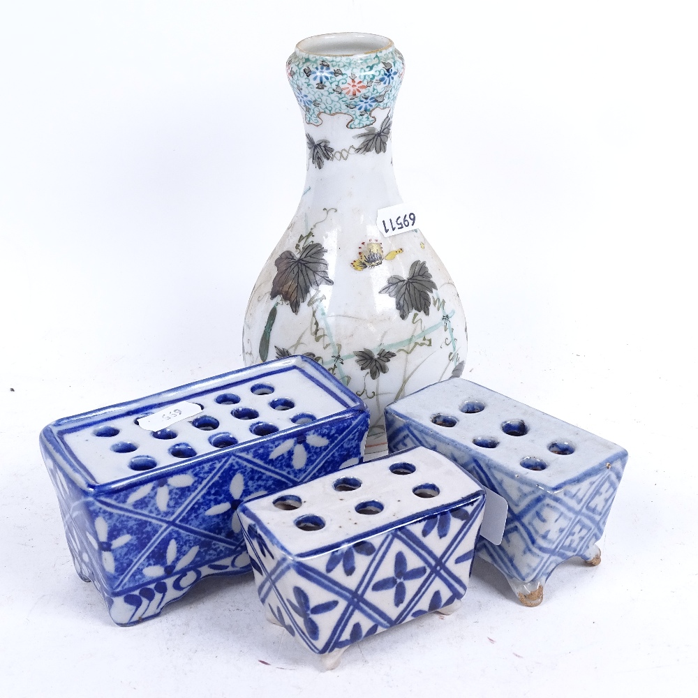 3 Chinese porcelain flower bricks, largest length 11.5cm, and a Japanese vase