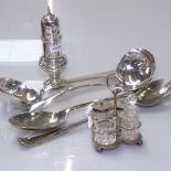 A pair of long-handled plated salad servers, a plated ladle, a sugar sifter, and a miniature 4-piece