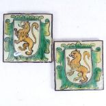 A pair of tiles with painted lion armorials, 16.5cm