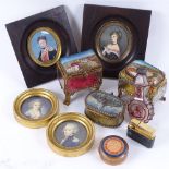 Various collectables, including tourist brass-mounted bevelled-glass jewel boxes, miniature portrait