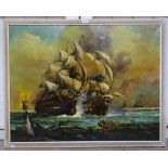 Dion Pears, oil on canvas, large seascape, galleons at war, 79cm x 98cm