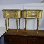 A pair of carved giltwood and marble-top serpentine bedside chests, on fluted legs, W58cm
