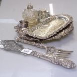 Victorian plated fish servers, a plated salver with embossed decoration, a silver napkin ring, a