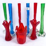 3 pairs of coloured glass vases, 29cm, a pair of smaller red glass vases, and another