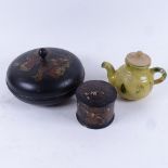 2 Japanese black lacquered papier mache boxes and covers, and an Oriental yellow glaze teapot,