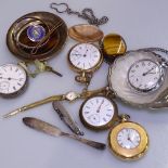 An engine turned silver-cased key-wind pocket watch, a gold plated Waltham top-wind pocket watch, an