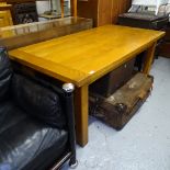 A large modern light oak plank-top refectory dining table, on H-shaped stretcher, L180cm, H75cm,