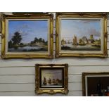 Bernard Page, 3 oil on boards, figures on a bridge, and 2 Dutch sailing boats, framed, largest