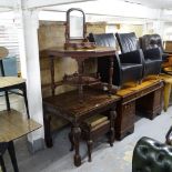 A mahogany octagonal centre table, a mahogany swing toilet mirror, a piano stool, and an oak fold-