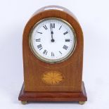 An Edwardian French inlaid mahogany dome-top mantel clock, white enamel dial with Roman numeral hour