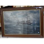 Schnars-Alquist, large coloured print, 3-masted sailing ship, framed, 76cm x 109cm