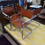 A set of 4 Mart Stam Bauhaus style cantilever armchairs, in tubular steel and tan leather