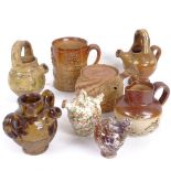 A group of stoneware pottery, including miniature Sarum kettle jugs, salt glaze mug etc (8)