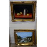 Oil on board, figures by a stream, gilt-framed, 55cm x 45cm, signed, and oil on board, still life,