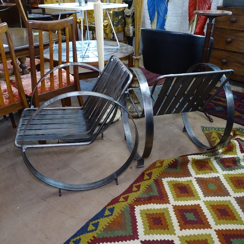 A pair of Art Deco design nickel plated steel armchairs, with circular sides and sheepskin seat pads - Image 2 of 2