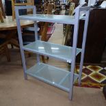 A metal and 3 glass shelved stand, W76cm, H102cm, D34cm