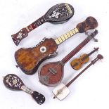 A small group of miniature mother-of-pearl mandolins, guitars and other instruments (6)