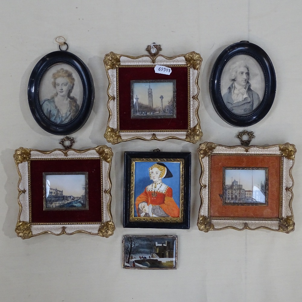 A framed set of 3 miniature watercolours, Continental buildings, reverse painting on glass, pair