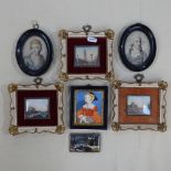 A framed set of 3 miniature watercolours, Continental buildings, reverse painting on glass, pair