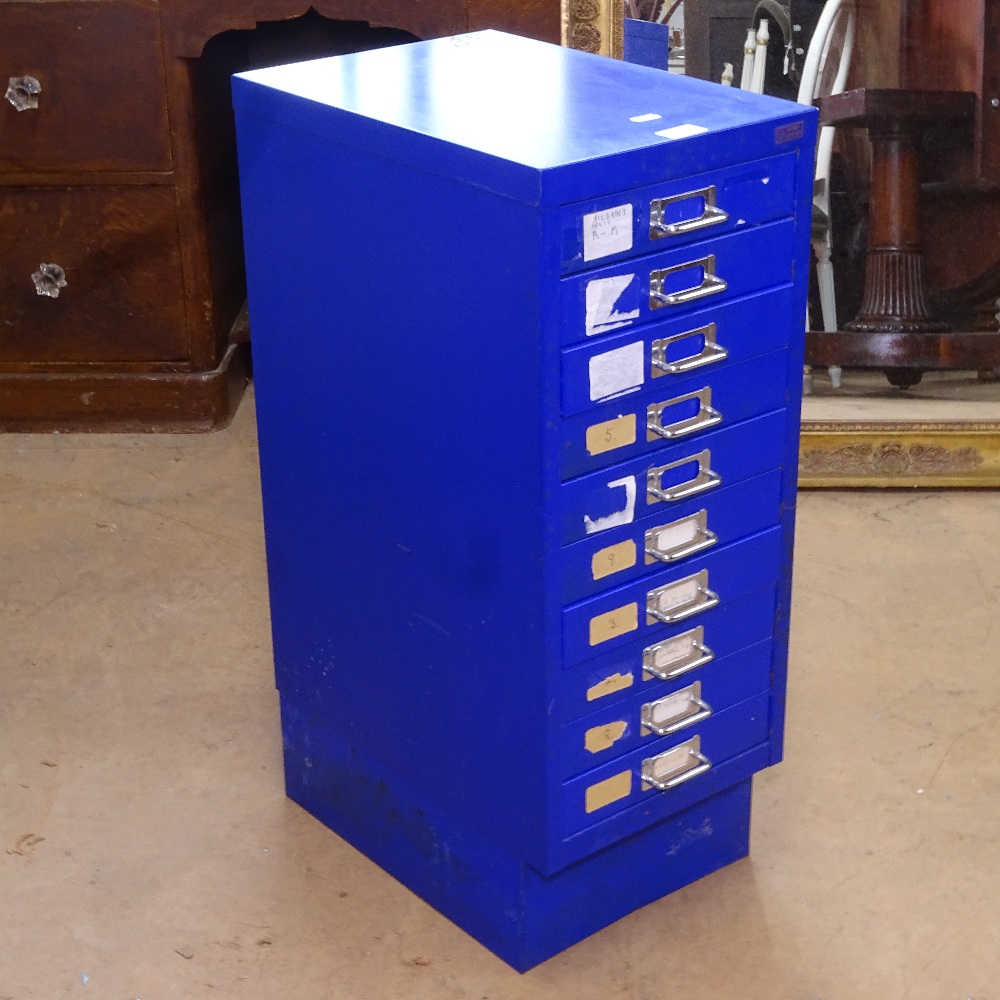 A blue metal 10-drawer filing cabinet, W28cm, H71cm