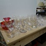 Vintage engraved Sherry glasses, a cranberry bowl etc