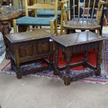 A carved oak joint stool, a linenfold panelled and oak sewing cabinet, and a mahogany tripod