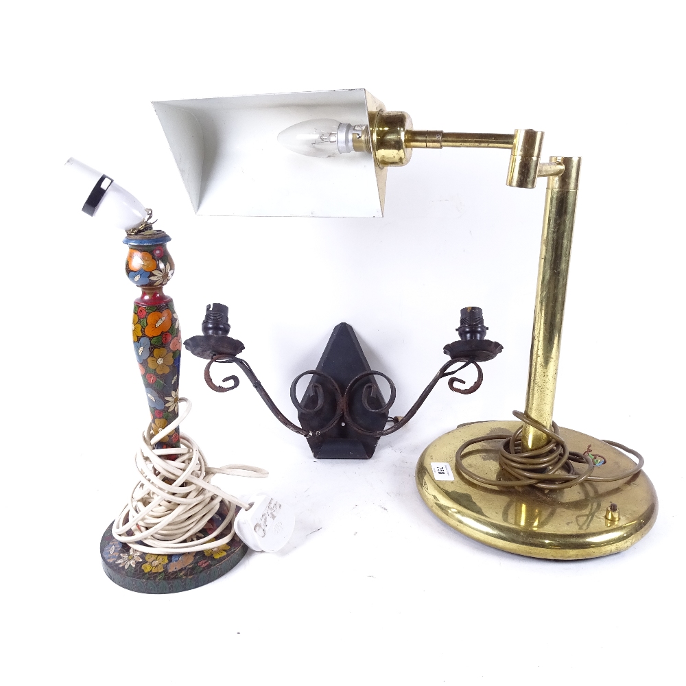 A brass desk lamp, height 40cm, a painted wood table lamp and wall light