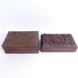 2 Eastern relief carved hardwood boxes, largest width 20cm (2)