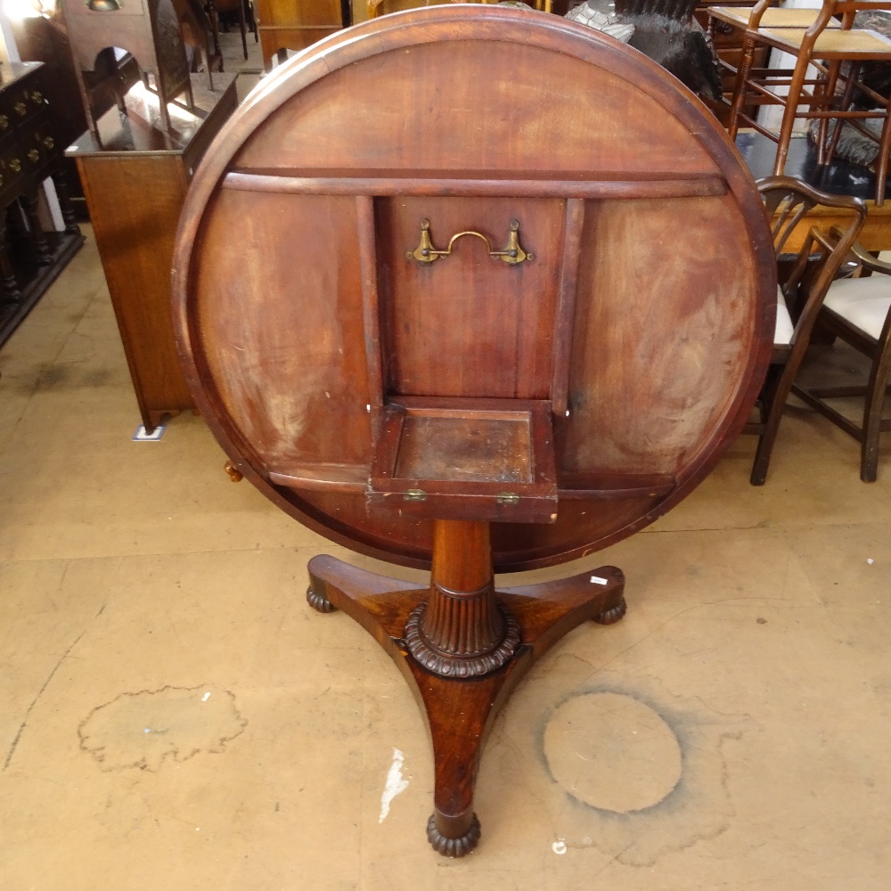 A Regency rosewood circular tilt-top breakfast table, on a reeded fluted column and trefoil base, on - Image 2 of 2