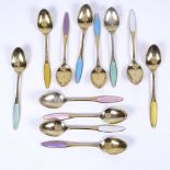 FRIGAST - a set of 12 Danish vermeil sterling silver and harlequin enamel coffee spoons, spoon