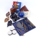 Various collectables, including leather-covered silver plated spirit flask, draughting set,