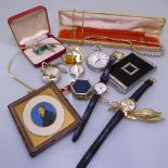 A tray of costume jewellery, a pocket watch, watches etc