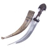 A Middle Eastern horn? handled jambiya dagger, in stone set white metal sheath, blade length 23cm