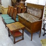 An Edwardian walnut and satinwood-banded washstand, with a raised marble back, and a monk's style