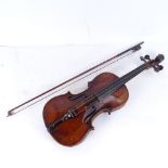 A Vintage violin, back length 14", and bow, in case