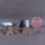 A group of crystal opalescent glass and hardstone carvings, including a rose quartz cockerel, height