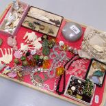 A tray of Vintage and other costume jewellery, to include stone pendants, a mother-of-pearl paper