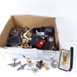 A boxful of novelty miniature battery operated clocks, modelled as a telephone box, car, bicycle