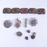 An agate set panel bracelet, and various silver filigree brooches