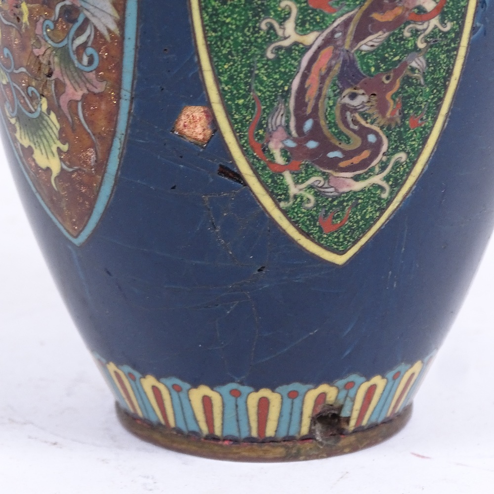 A Japanese cloisonne enamel vase, blue ground with dragon butterfly and floral decoration, height - Image 2 of 2